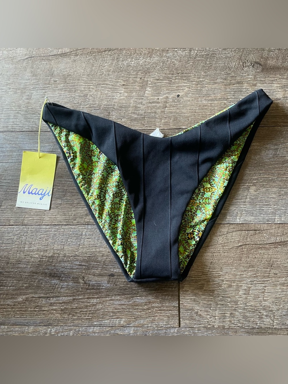 NWT Maaji Black Reversible Bikini Bottoms with Green Floral Print